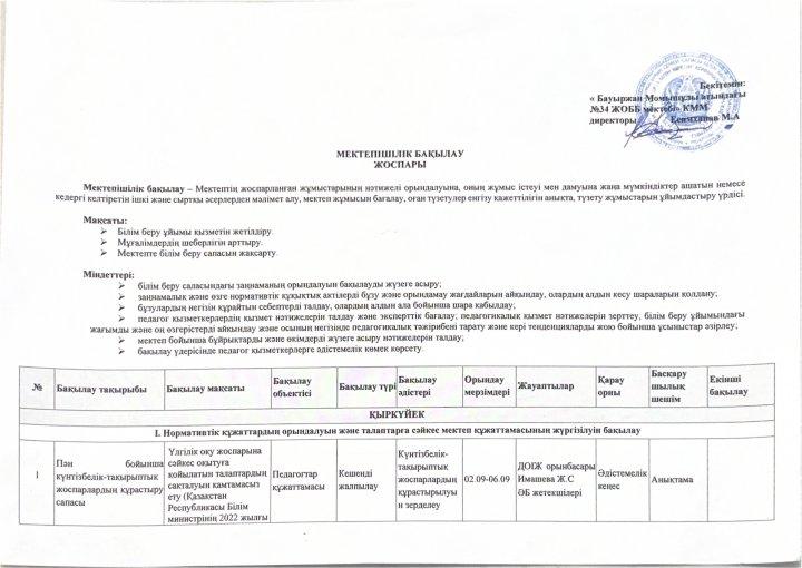 Мектепішілік бақылау жоспары